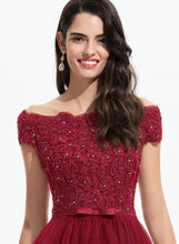 Load image into Gallery viewer, Homecoming Josie Homecoming Dresses Dress Bow(s) Asymmetrical Lace Tulle A-Line With Off-the-Shoulder Beading