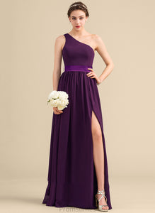 Floor-Length Length Fabric A-Line One-Shoulder Silhouette Neckline Ruffle Embellishment SplitFront Shyla Sleeveless Bridesmaid Dresses