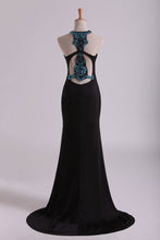 Load image into Gallery viewer, 2024 Black Scoop Column Prom Dresses Chiffon With Rhinestones &amp; Beads Sweep Train