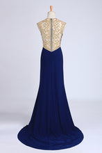 Load image into Gallery viewer, 2024 Prom Dresses Scoop Neckline Column Beaded Bodice With Court Train &amp; Slit