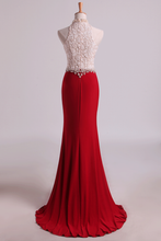 Load image into Gallery viewer, 2022 Hot High Neck Prom Dresses Sheath Lace &amp; Spandex Sweep Train