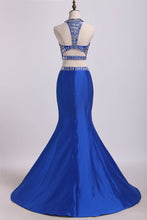 Load image into Gallery viewer, 2022 Two Pieces High Neck Mermaid Prom Dresses With Beads