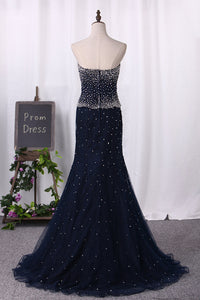 2022 Mermaid Sweetheart Prom Dresses Tulle With Beads And Rhinestones Sweep Train