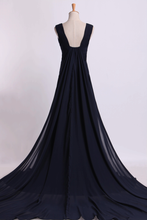Load image into Gallery viewer, 2022 V-Neck Prom Dresses A-Line With Ruffles Court Train Chiffon
