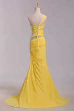 Load image into Gallery viewer, 2024 One Shoulder Mermaid Court Train Chiffon Prom Dresses
