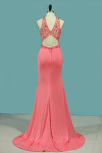 Load image into Gallery viewer, 2024 Mermaid Scoop Prom Dresses Spandex With Beading Sweep Train Open Back