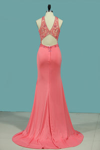 2024 Mermaid Scoop Prom Dresses Spandex With Beading Sweep Train Open Back