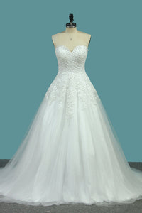 2022 Sweetheart Wedding Dresses A Line Tulle With Applique Sweep Train