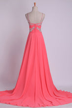 Load image into Gallery viewer, 2024 Pleated Bodice Low Back Chiffon Sleeveless A Line Spaghetti Straps Prom Dress