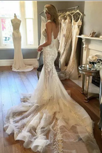 Load image into Gallery viewer, 2022 Mermaid Wedding Dresses Spaghetti Straps With Applique And Beads Tulle