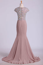 Load image into Gallery viewer, 2022 Scoop Prom Dresses Beaded Bodice Chiffon Trumpet Sweep Train