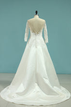 Load image into Gallery viewer, 2022 Deep V Back Boat Neck A Line Satin Wedding Dresses With Applique