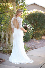 Load image into Gallery viewer, 2024 Mermaid Scoop Wedding Dresses 3/4 Length Sleeves Lace Open Back