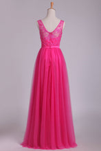 Load image into Gallery viewer, 2024 Bridesmaid Dresses V Neck A Line With Embroidery And Sash Tulle