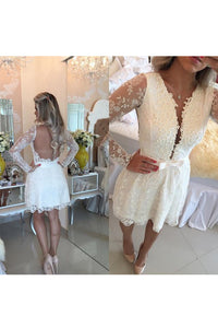 2022 Lace V Neck A Line Homecoming Dresses Long Sleeves Lace With Applique