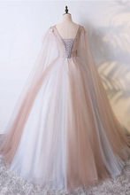 Load image into Gallery viewer, Ball Gown V Neck Tulle Prom Dress With Appliques, Unique Floor Length Quinceanera Dresses