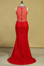 Load image into Gallery viewer, 2022 Red Plus Size Prom Dresses Scoop Beaded Bodice Sweep Train Lace Mermaid