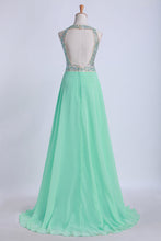 Load image into Gallery viewer, 2024 Tow-Tone Bateau Open Back Prom Dresses A-Line Beaded Bodice With Slit Chiffon