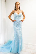 Load image into Gallery viewer, Mermaid Spaghetti Strap Prom Dress With Appliques Sweep Train