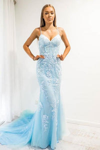 Mermaid Spaghetti Strap Prom Dress With Appliques Sweep Train