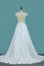 Load image into Gallery viewer, 2024 A Line Wedding Dresses Sexy Open Back Scoop Cap Sleeves Elastic Satin &amp; Lace
