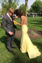 Load image into Gallery viewer, Slash Neck Two Piece Lace Mermaid Yellow Prom Dress