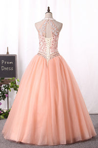 2022 Quinceanera Dresses Ball Gown High Neck Tulle With Applique Lace Up