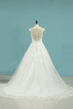 Load image into Gallery viewer, 2022 Cap Sleeve Wedding Dresses A Line Tulle With Applique