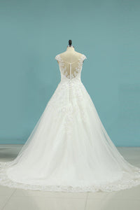2022 Cap Sleeve Wedding Dresses A Line Tulle With Applique