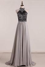 Load image into Gallery viewer, 2022 Chiffon High Neck Open Back Prom Dresses Beaded Bodice A Line