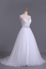 Load image into Gallery viewer, 2022 V-Neck A Line Wedding Dresses Tulle Beaded Bodice Court Train