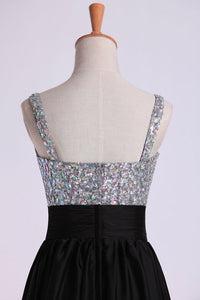 2022 Prom Dresses Straps A Line Short/Mini Beaded Bodice With Pleated Waistband Chiffon