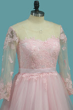 Load image into Gallery viewer, 2022 A Line Tulle Long Sleeves Scoop Wedding Dresses With Applique And Sash Sweep Train