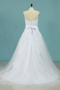 2022 A Line Sweetheart Tulle With Aplique And Sash Wedding Dresses