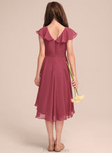 Load image into Gallery viewer, V-neck Chiffon With Halle Ruffles A-Line Junior Bridesmaid Dresses Asymmetrical Cascading