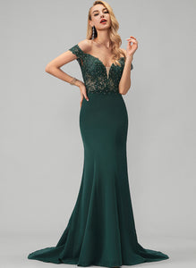 Train Sweep Crepe Sloane Beading With Lace Off-the-Shoulder Trumpet/Mermaid Prom Dresses Sequins Stretch