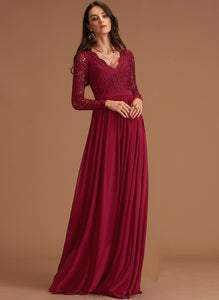 Chiffon A-Line Floor-Length V-neck Prom Dresses Lace Tatiana
