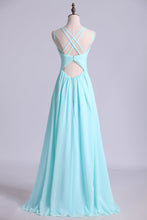 Load image into Gallery viewer, 2024 Prom Dress Spaghetti Straps Chiffon A Line Ruffled Bodice With Criss Crossed Back