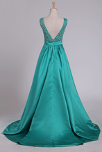 Load image into Gallery viewer, 2024 Sweep Train A Line Prom Dresses V Neck Satin With Beading
