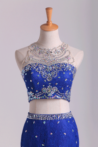 2024 Two-Piece Scoop Mermaid Prom Dresses With Beading Lace Dark Royal Blue