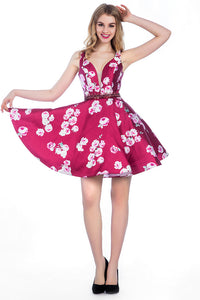 2022 A Line V-Neck Short/Mini Satin Floral Homecoming Dresses