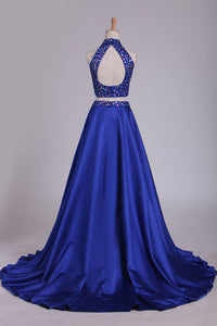 2024 Two Pieces High Neck Prom Dresses A Line Beaded Bodice Satin Dark Royal Blue