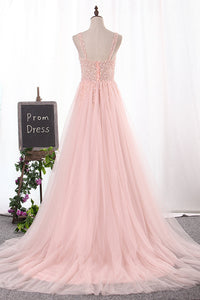 2024 New Arrival Straps Prom Dresses A Line Tulle With Beading And Slit