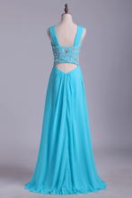 Load image into Gallery viewer, 2022 Straps A Line Prom Dresses Chiffon With Applique &amp; Ruffles Floor Length