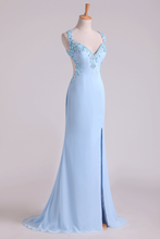 Load image into Gallery viewer, 2022 Hot Halter Sheath Prom Dresses With Slit And Beading Chiffon Sweep Train