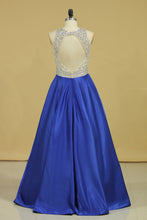 Load image into Gallery viewer, 2022 Royal Blue Scoop Open Back Beaded Bodice A Line Prom Dresses Satin &amp; Tulle Plus Size
