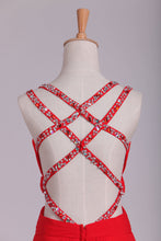 Load image into Gallery viewer, 2024 Red A Line Prom Dresses Spaghetti Straps Open Back With Ruffles And Beads Chiffon