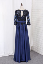 Load image into Gallery viewer, 2022 A Line Prom Dresses 3/4 Length Sleeves Scoop Chiffon With Black Applique Floor Length