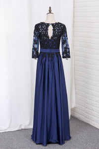 2022 A Line Prom Dresses 3/4 Length Sleeves Scoop Chiffon With Black Applique Floor Length