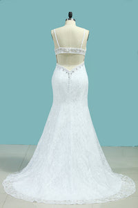 2024 Mermaid Spaghetti Straps Wedding Dresses Open Back Lace With Beading